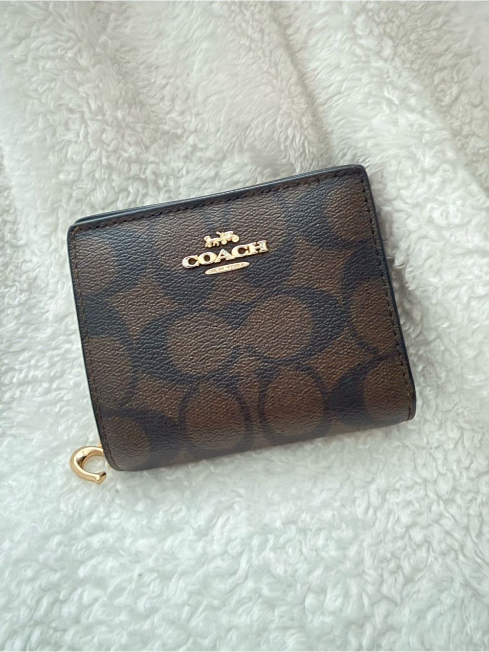 Coach Brown Signature Compact wallet with Gold Logo
